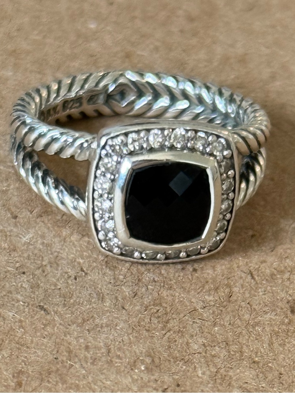David Yurman Sterling Silver Ring with Black Onyx and Clear Pavé